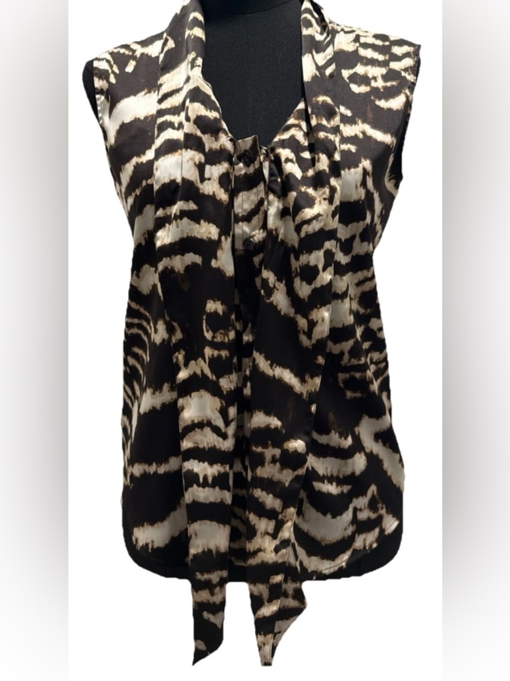 Calvin Klein Women's Sleeveless Brown/Cream Blouse, Tie & Button Front, Size XS
